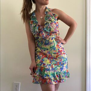 NWT Saloni Cece Silk Ruffle Mini Dress Sz 10 Resort Wedding Watercolor Confetti
